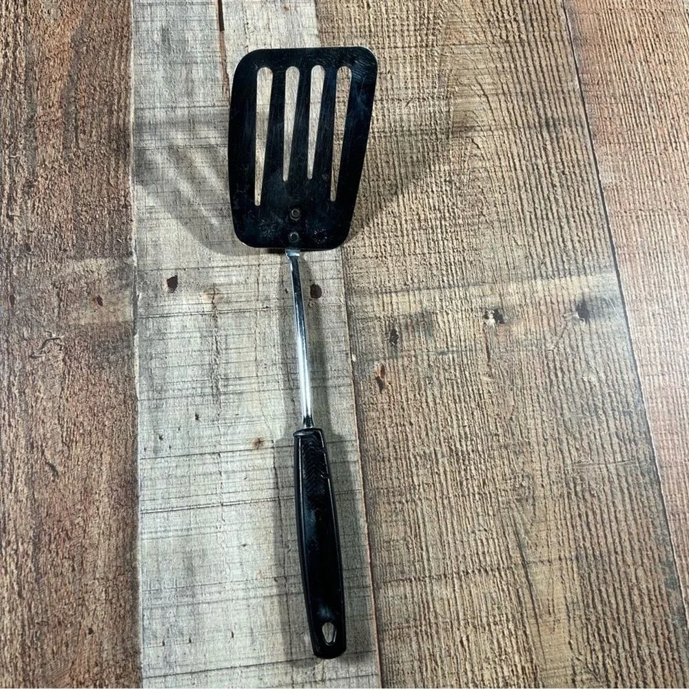 Vintage Foley USA Chrome Slotted Spatula Black Handle Mid Century 11.5